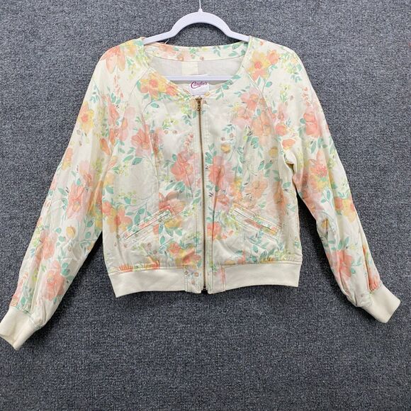 Candies Jacket Junior M Beige Pink Floral Full Zip Bomber Casual Romantic Boho - Picture 1 of 8